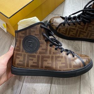 NEW - Fendi Zucca Canvas & Leather High Top Sneakers - Size 7